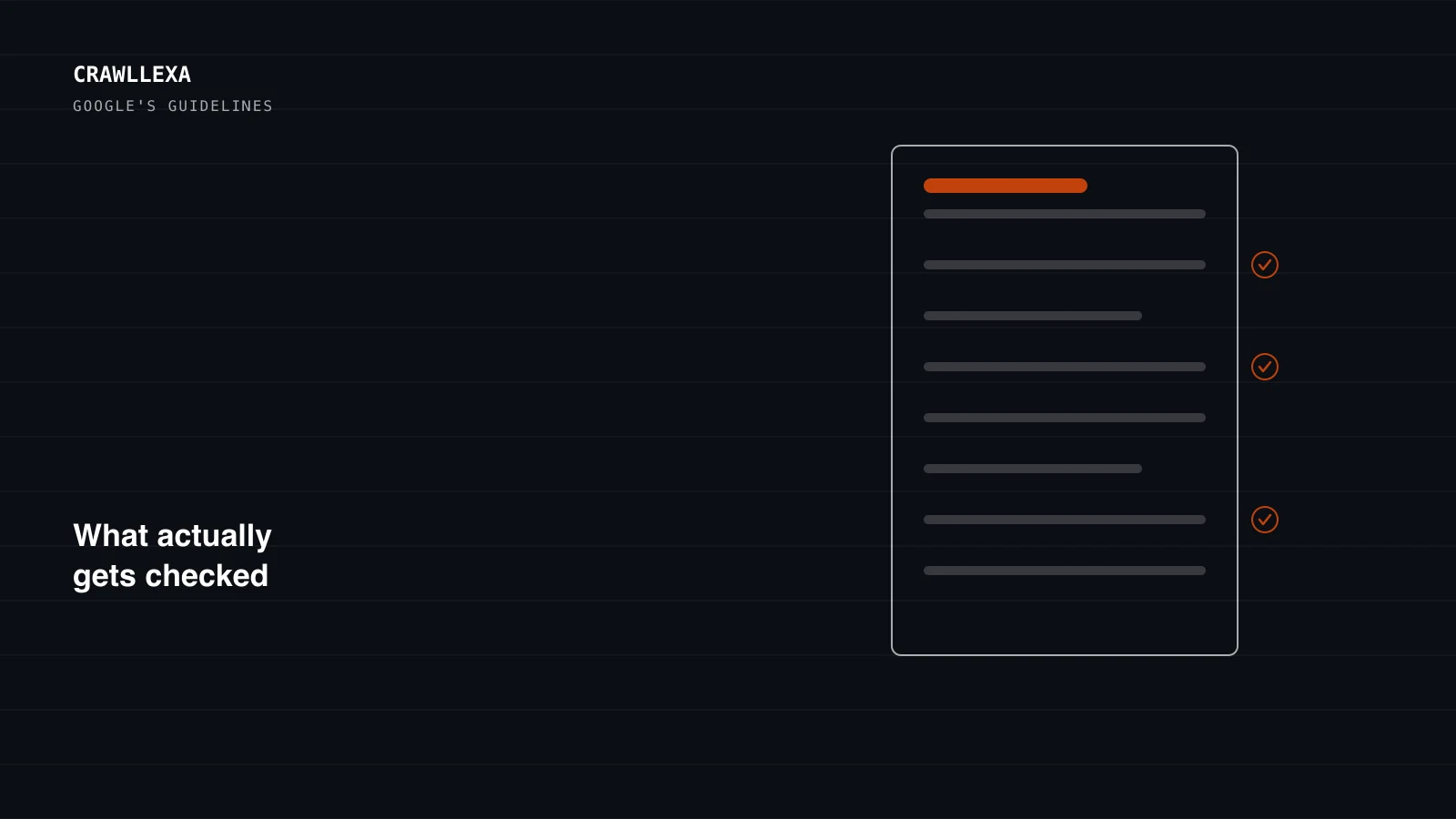 A dark diagram of an abstract page outline with content lines and checkmarks, representing Google's guidelines being checked against a site.