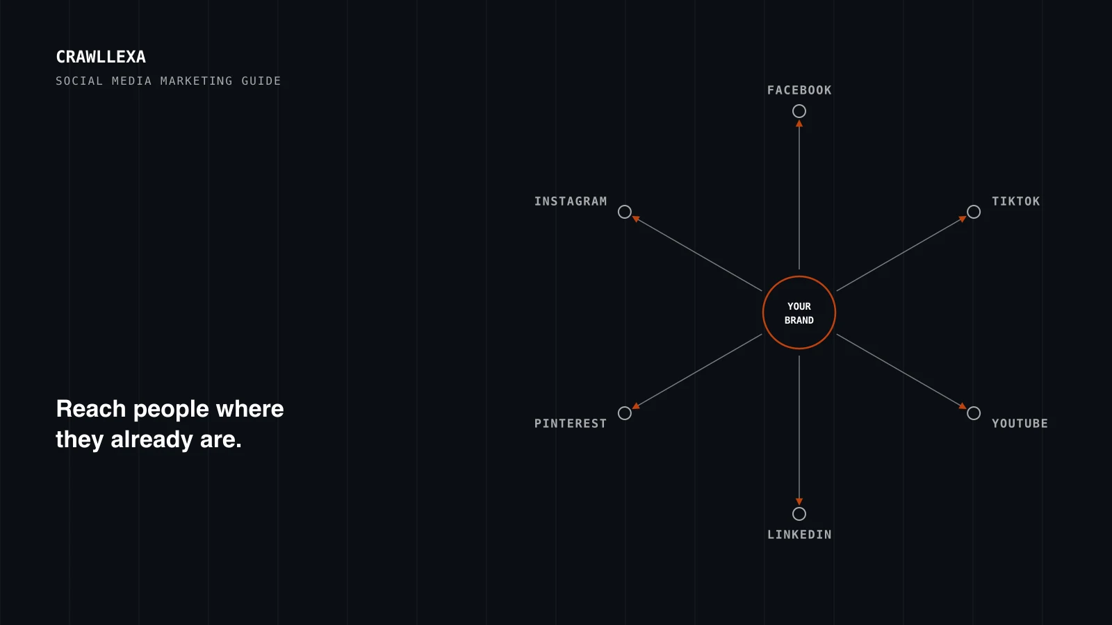 A dark diagram of a central business node sending arrows out to six platforms labeled Instagram, Facebook, TikTok, YouTube, LinkedIn and Pinterest.